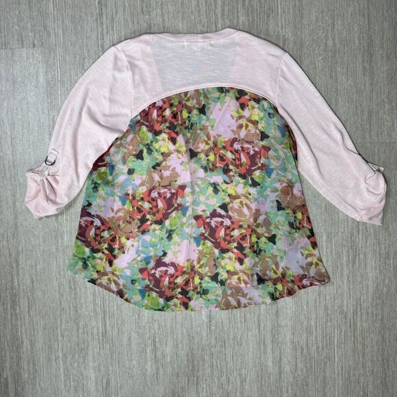 Democracy Womens Cardigan Button Front Semi Sheer L Pink Floral Roll Up Sleeve - Picture 2 of 6